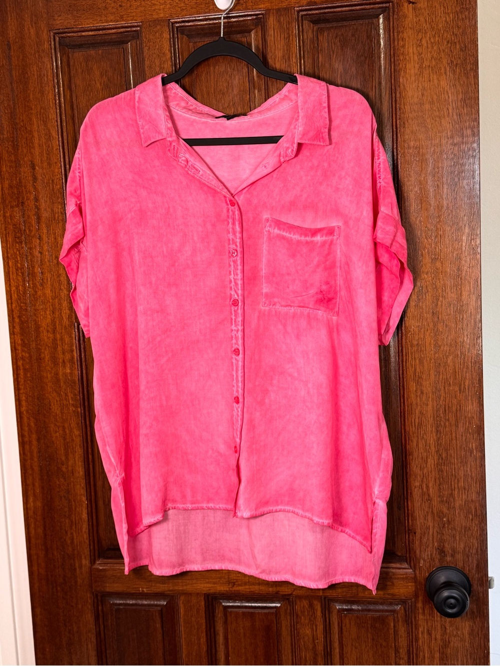 Velvet Heart Button-Front Camp Collar Top - Hot Pink